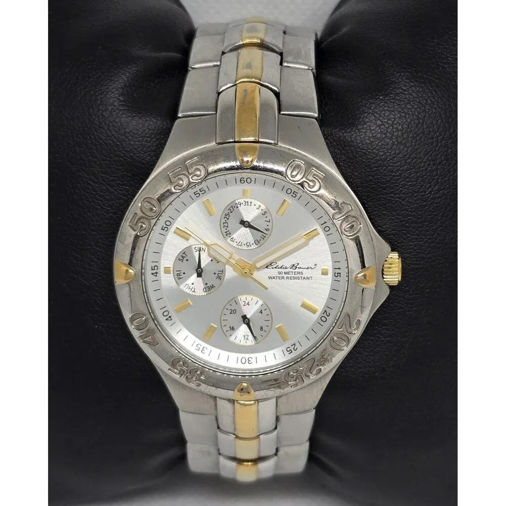 Men's Eddie Bauer Textured 3 Eye Silver Gold Two Tone Case Bracelet Watch 11